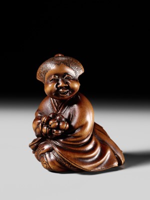 Lot 128 - SHUOSAI HIDEMASA: A FINE WOOD NETSUKE OF OKAME