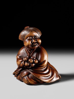 Lot 128 - SHUOSAI HIDEMASA: A FINE WOOD NETSUKE OF OKAME