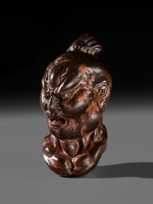 Lot 297 - A LARGE AND SUPERB LACQUERED AND CARVED HINOKI WOOD NETSUKE OF A NIO HEAD, ATTRIBUTED TO NAITO KOSEKI