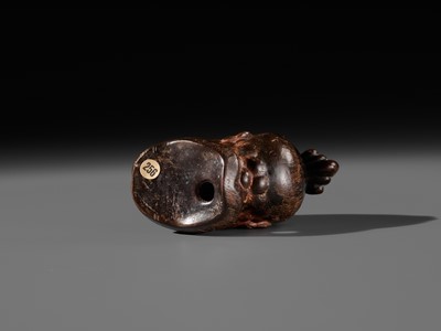 Lot 297 - A LARGE AND SUPERB LACQUERED AND CARVED HINOKI WOOD NETSUKE OF A NIO HEAD, ATTRIBUTED TO NAITO KOSEKI