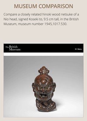 Lot 297 - A LARGE AND SUPERB LACQUERED AND CARVED HINOKI WOOD NETSUKE OF A NIO HEAD, ATTRIBUTED TO NAITO KOSEKI