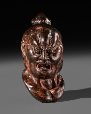 Lot 297 - A LARGE AND SUPERB LACQUERED AND CARVED HINOKI WOOD NETSUKE OF A NIO HEAD, ATTRIBUTED TO NAITO KOSEKI