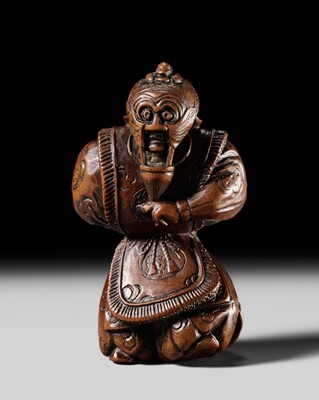 Lot 226 - A FINE WOOD NETSUKE OF A BUGAKU DANCER PERFORMING THE RANRYO DANCE