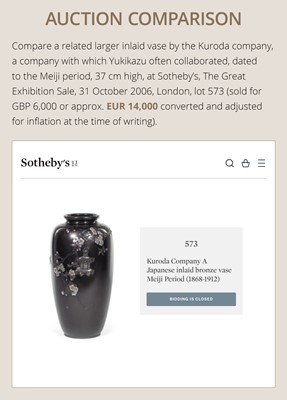 YUKIKAZU: A SUPERB INLAID SHAKUDO VASE WITH A BEAUTY UNDERNEATH CHERRY BLOSSOMS