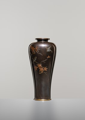 Lot 1542 - MITSUNORI: A SMALL MIXED-METAL-INLAID BRONZE VASE WITH MAPLE TREE AND SWALLOWS