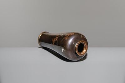Lot 1542 - MITSUNORI: A SMALL MIXED-METAL-INLAID BRONZE VASE WITH MAPLE TREE AND SWALLOWS