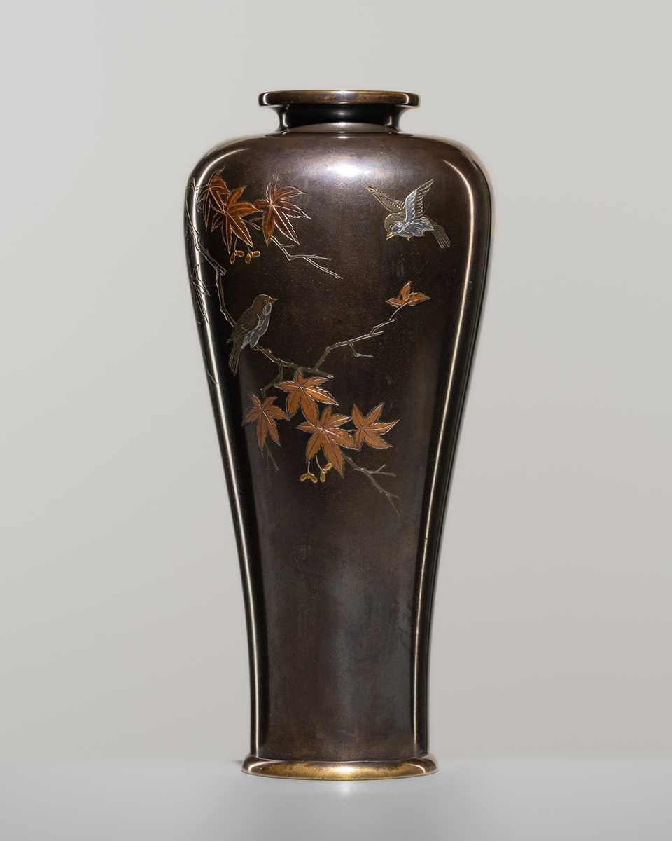 Lot 1542 - MITSUNORI: A SMALL MIXED-METAL-INLAID BRONZE VASE WITH MAPLE TREE AND SWALLOWS