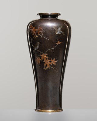 Lot 1542 - MITSUNORI: A SMALL MIXED-METAL-INLAID BRONZE VASE WITH MAPLE TREE AND SWALLOWS