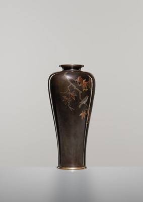 Lot 1542 - MITSUNORI: A SMALL MIXED-METAL-INLAID BRONZE VASE WITH MAPLE TREE AND SWALLOWS