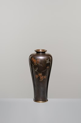 Lot 1542 - MITSUNORI: A SMALL MIXED-METAL-INLAID BRONZE VASE WITH MAPLE TREE AND SWALLOWS