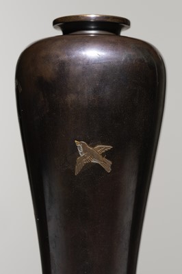Lot 1542 - MITSUNORI: A SMALL MIXED-METAL-INLAID BRONZE VASE WITH MAPLE TREE AND SWALLOWS