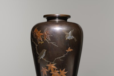 Lot 1542 - MITSUNORI: A SMALL MIXED-METAL-INLAID BRONZE VASE WITH MAPLE TREE AND SWALLOWS
