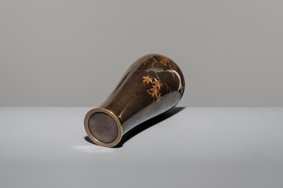 Lot 1542 - MITSUNORI: A SMALL MIXED-METAL-INLAID BRONZE VASE WITH MAPLE TREE AND SWALLOWS