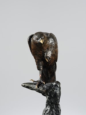 Lot 11 - A FINE BRONZE OKIMONO OF A HAWK PERCHED ON A TREE TRUNK