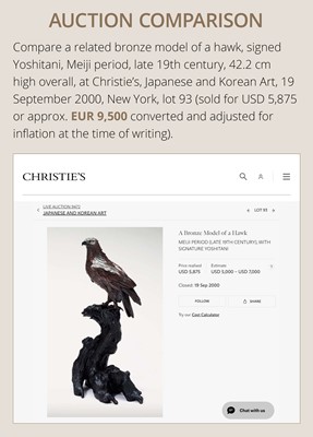Lot 11 - A FINE BRONZE OKIMONO OF A HAWK PERCHED ON A TREE TRUNK