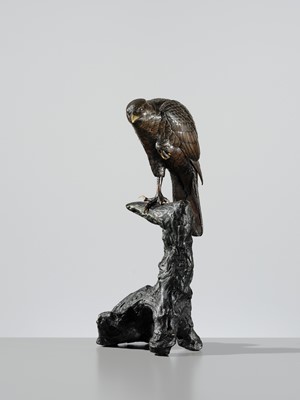 Lot 11 - A FINE BRONZE OKIMONO OF A HAWK PERCHED ON A TREE TRUNK