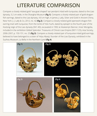 A PAIR OF TURQUOISE-INLAID GOLD ‘DRAGON-FISH’ EARRINGS, LIAO DYNASTY
