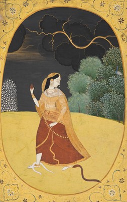 Lot 199 - A MINIATURE PAINTING FROM A NAYIKA SERIES DEPICTING ABHISARIKA NAYIKA, GULER, CIRCA 1800