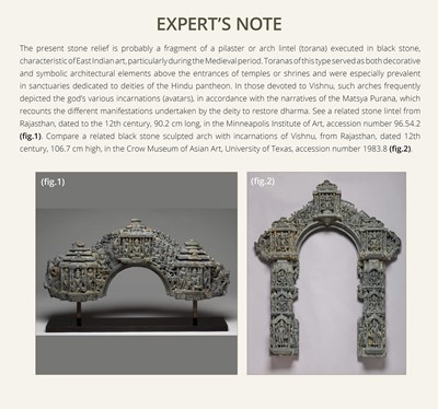 Lot 615 - A BLACK STONE ARCH SHRINE OF VISHNU AND CONSORTS, RAJASTHAN, 12TH-13TH CENTURY