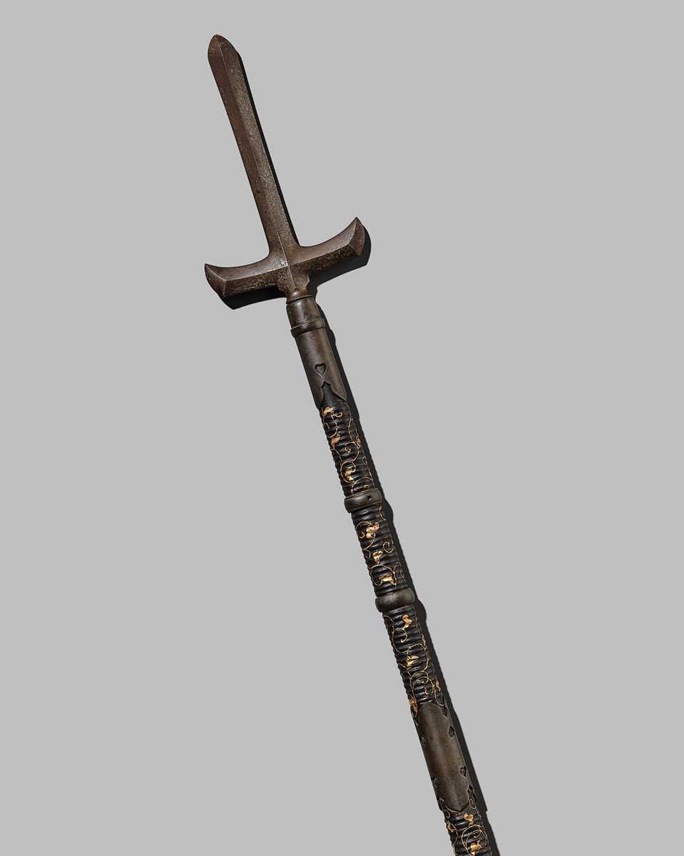 A RARE AND FINE CEREMONIAL IRON JUMONJI YARI (SPEAR)