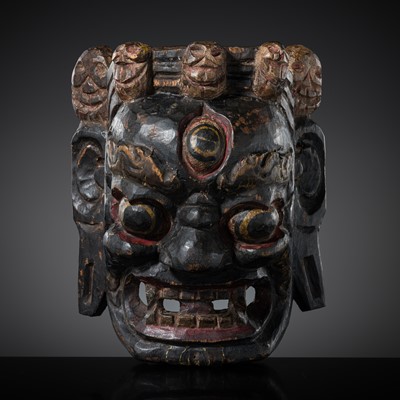 Lot 292 - A POLYCHROME WOOD MASK OF MAHAKALA, TIBET, 18TH-19TH CENTURY