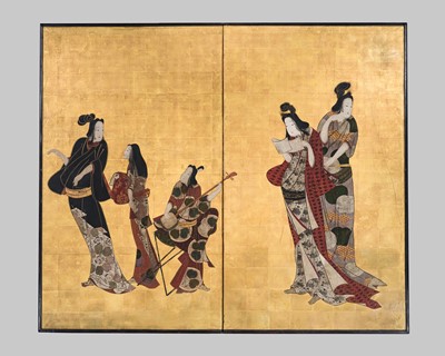 Lot 324 - A FINE KANBUN-STYLE TWO-PANEL BYOBU (FOLDING SCREEN) DEPICTING MUSICIANS AND BIJIN