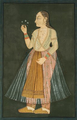 Lot 198 - A RARE AND LARGE MUGHAL PAINTING OF A COURTESAN, NORTH INDIA, 17TH-18TH CENTURY