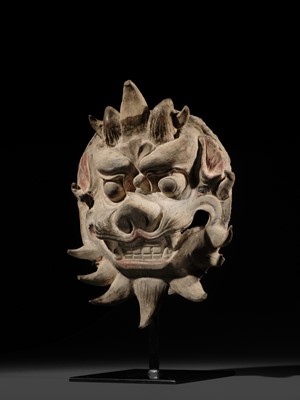 Lot 109 - A RARE POTTERY HORNED 'MONSTER' MASK, PUSHOU, TANG DYNASTY