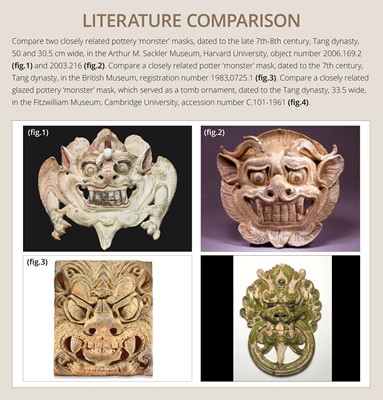 Lot 109 - A RARE POTTERY HORNED 'MONSTER' MASK, PUSHOU, TANG DYNASTY