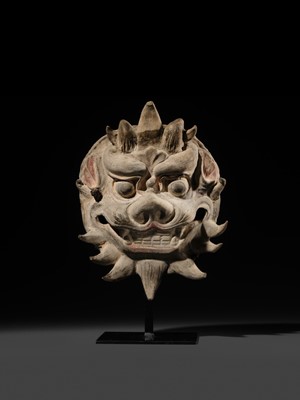 Lot 109 - A RARE POTTERY HORNED 'MONSTER' MASK, PUSHOU, TANG DYNASTY