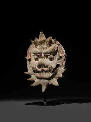 Lot 109 - A RARE POTTERY HORNED 'MONSTER' MASK, PUSHOU, TANG DYNASTY