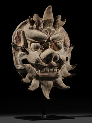 Lot 109 - A RARE POTTERY HORNED 'MONSTER' MASK, PUSHOU, TANG DYNASTY