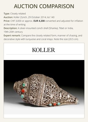 Lot 3 - A SILVER, CORAL AND TURQUOISE CEREMONIAL CONCH SHELL TRUMPET, DUNG-DKAR, 19TH CENTURY