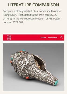 Lot 3 - A SILVER, CORAL AND TURQUOISE CEREMONIAL CONCH SHELL TRUMPET, DUNG-DKAR, 19TH CENTURY