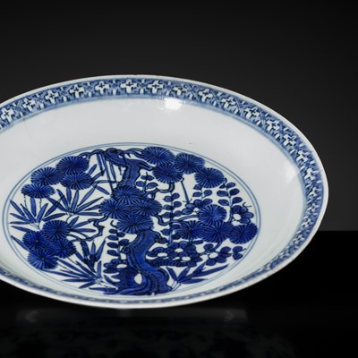 Lot 152 - A BLUE AND WHITE 'THREE FRIENDS OF WINTER' DISH, WANLI MARK AND PERIOD
