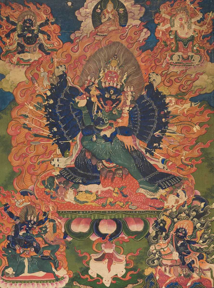 Lot 40 - A THANGKA DEPICTING VAJRABHAIRAVA AND VAJRAVETALI, TIBET, 18TH CENTURY