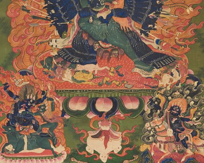 Lot 40 - A THANGKA DEPICTING VAJRABHAIRAVA AND VAJRAVETALI, TIBET, 18TH CENTURY