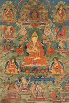 Lot 340 - A THANGKA OF TSONGKHAPA, GYALTSABJE AND KHEDRUBJE, CENTRAL TIBET, 18TH-19TH CENTURY