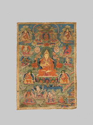 A THANGKA OF TSONGKHAPA, GYALTSABJE AND KHEDRUBJE, CENTRAL TIBET, 18TH-19TH CENTURY