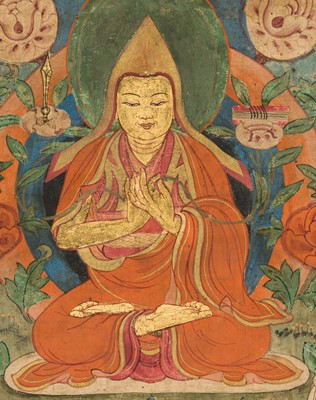 A THANGKA OF TSONGKHAPA, GYALTSABJE AND KHEDRUBJE, CENTRAL TIBET, 18TH-19TH CENTURY