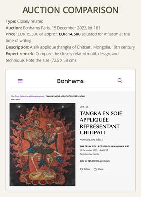 Lot 37 - A SILK APPLIQUÉ THANGKA DEPICTING CHITIPATI (SHMASHANA ADHIPATI), MONGOLIA, EARLY 19TH CENTURY