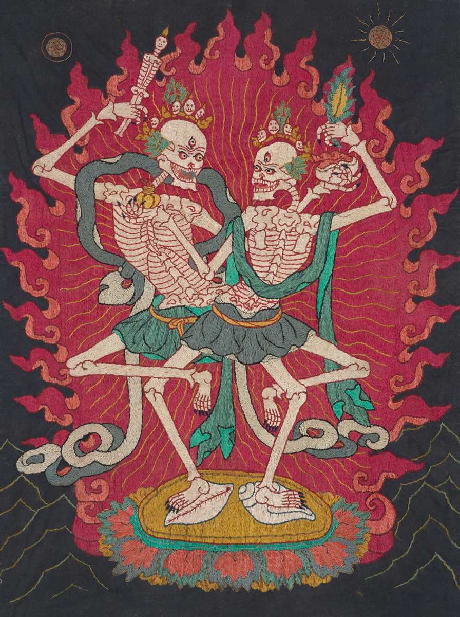 Lot 37 - A SILK APPLIQUÉ THANGKA DEPICTING CHITIPATI (SHMASHANA ADHIPATI), MONGOLIA, EARLY 19TH CENTURY