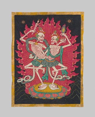Lot 37 - A SILK APPLIQUÉ THANGKA DEPICTING CHITIPATI (SHMASHANA ADHIPATI), MONGOLIA, EARLY 19TH CENTURY