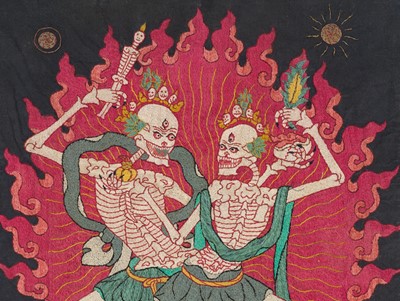 Lot 37 - A SILK APPLIQUÉ THANGKA DEPICTING CHITIPATI (SHMASHANA ADHIPATI), MONGOLIA, EARLY 19TH CENTURY