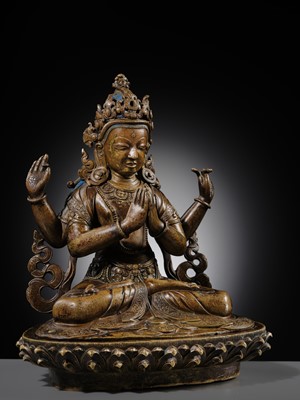 Lot 19 - A COPPER ALLOY FIGURE OF SHADAKSHARI LOKESHVARA, TIBETAN-CHINESE, 15TH CENTURY