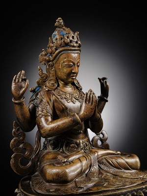 Lot 19 - A COPPER ALLOY FIGURE OF SHADAKSHARI LOKESHVARA, TIBETAN-CHINESE, 15TH CENTURY