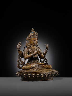 Lot 19 - A COPPER ALLOY FIGURE OF SHADAKSHARI LOKESHVARA, TIBETAN-CHINESE, 15TH CENTURY