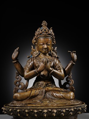 Lot 19 - A COPPER ALLOY FIGURE OF SHADAKSHARI LOKESHVARA, TIBETAN-CHINESE, 15TH CENTURY