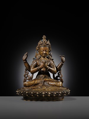 Lot 19 - A COPPER ALLOY FIGURE OF SHADAKSHARI LOKESHVARA, TIBETAN-CHINESE, 15TH CENTURY
