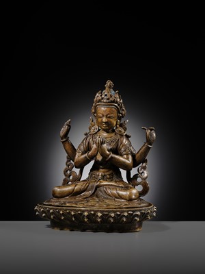 Lot 19 - A COPPER ALLOY FIGURE OF SHADAKSHARI LOKESHVARA, TIBETAN-CHINESE, 15TH CENTURY